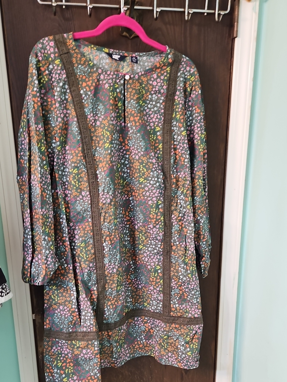 Lands' End Olive Floral Dress with Multicolor Blossoms